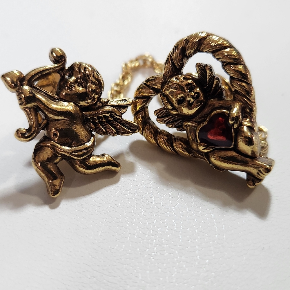 Vintage Avon Cupid Cherub Jewelry Pins Valentine Sweater Chain Gold Tone Lapel
